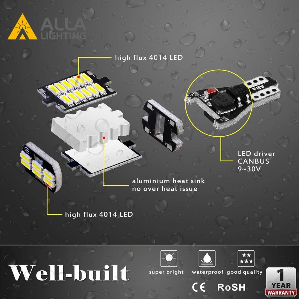Alla Lighting 912 921 LED Bulbs for Back - up Reverse Lights, 6000K Xenon White CAN - BUS 4014 30 - SMD T10 T15 906 W16W 921K 922, 360° Light Backup, Cargo Lights Replacement, Extremely Super Bright - Alla Lighting Automotive LED Bulbs