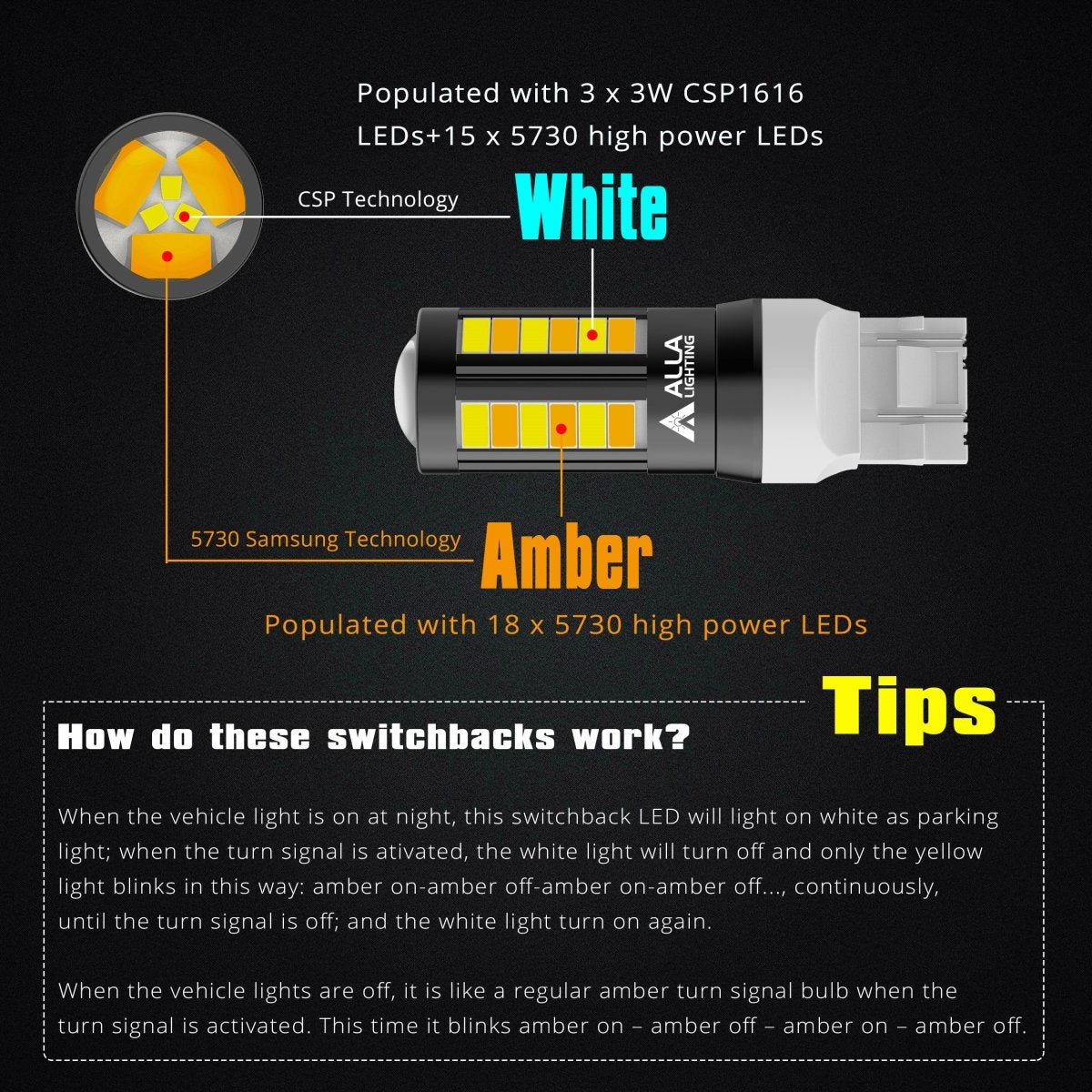 7444NA 7443 Switchback LED Bulbs, Dual Color Turn Signal Lights -Alla Lighting