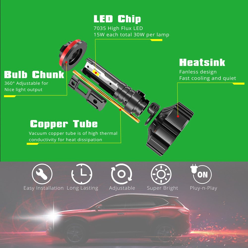 Fanless LED Headlights Bulbs High Low Beam Conversion Kits 6000K White -Alla Lighting
