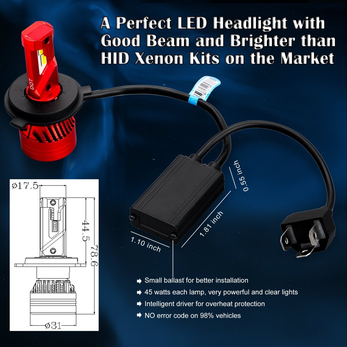 4-Sides 9003 H4 LED Headlight Bulbs Hi/Lo Beam 6500K - 5000W 675000LM For Cars & Trucks