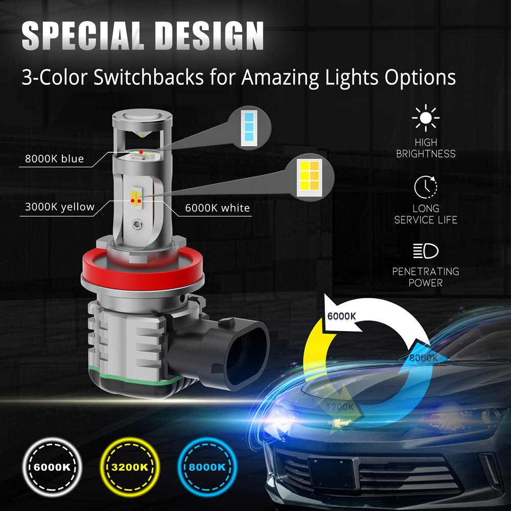 3-Color H11 H8 H16 LED Switchback Bulbs