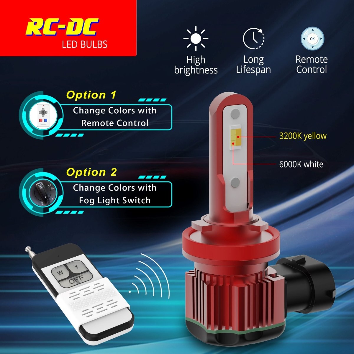 Dual-Color H16 H8 H11 LED Switchback Bulbs, 6K White/Yellow